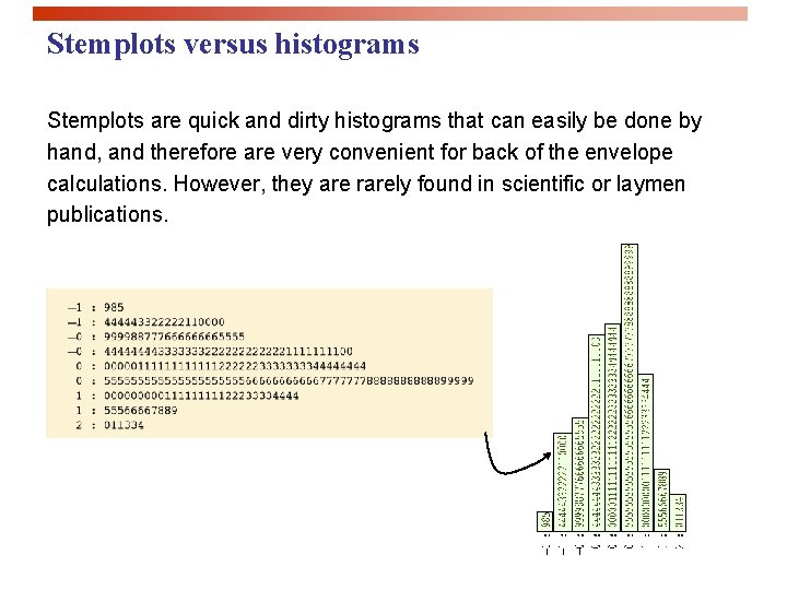 Stemplots versus histograms Stemplots are quick and dirty histograms that can easily be done