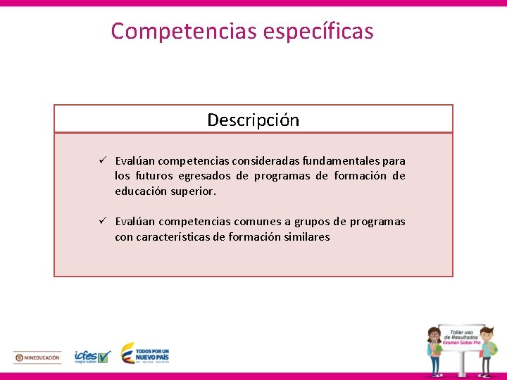 Competencias específicas Descripción ü Evalúan competencias consideradas fundamentales para los futuros egresados de programas