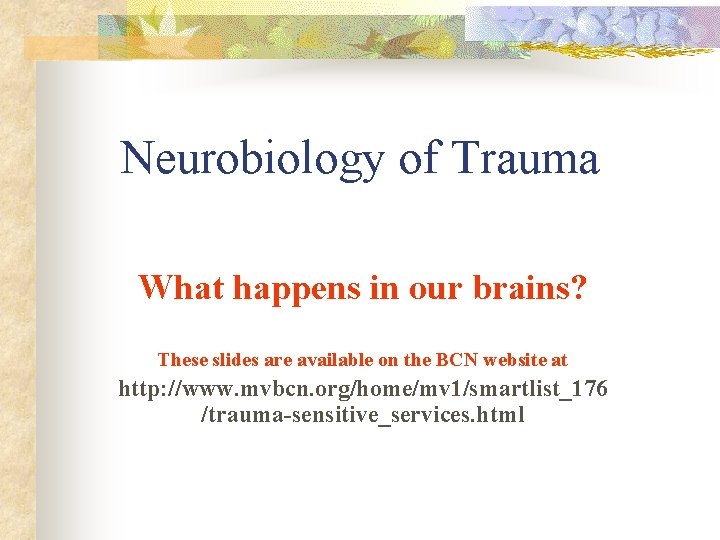 Neurobiology of Trauma What happens in our brains? These slides are available on the