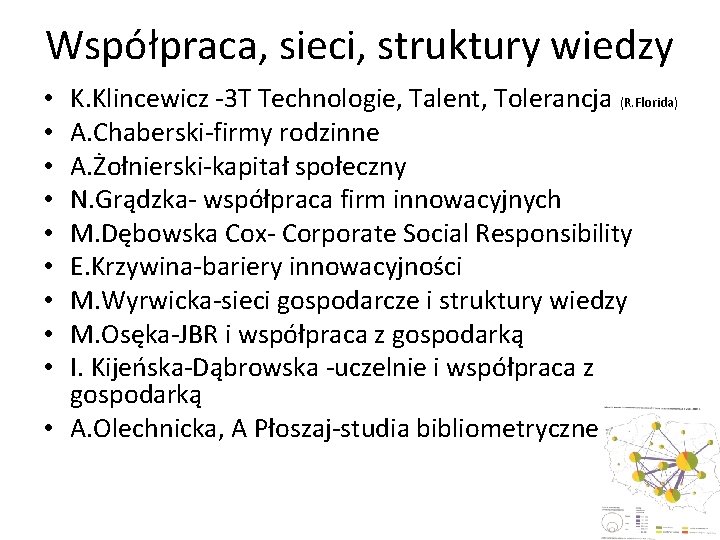 Współpraca, sieci, struktury wiedzy K. Klincewicz -3 T Technologie, Talent, Tolerancja (R. Florida) A.