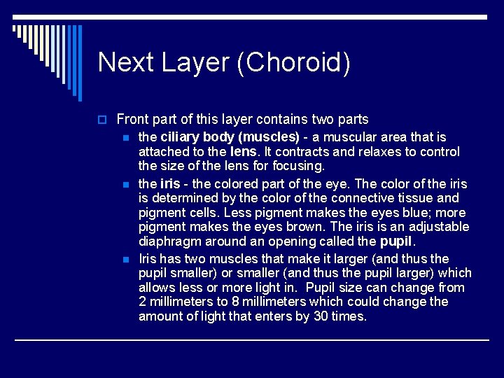 Next Layer (Choroid) o Front part of this layer contains two parts n n