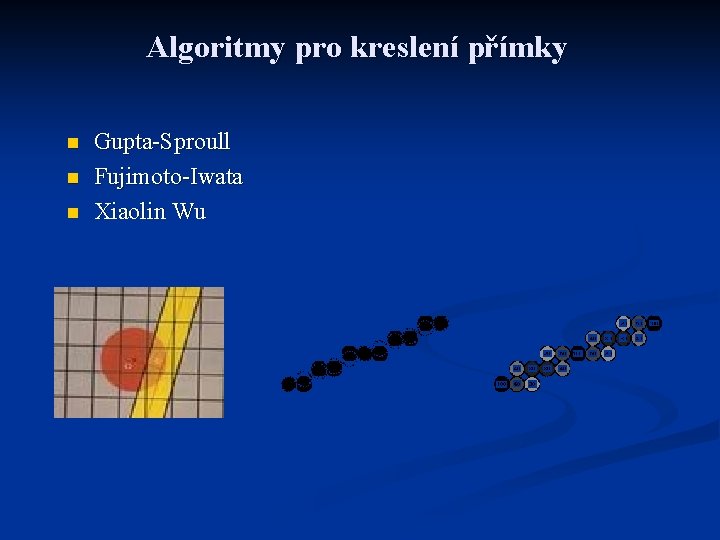 Algoritmy pro kreslení přímky n n n Gupta-Sproull Fujimoto-Iwata Xiaolin Wu 