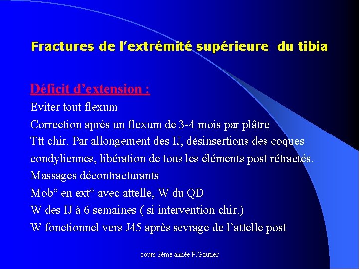 Fractures de l’extrémité supérieure du tibia Déficit d’extension : Eviter tout flexum Correction après