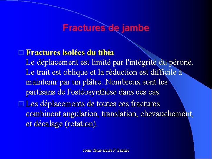 Fractures de jambe o Fractures isolées du tibia Le déplacement est limité par l'intégrité