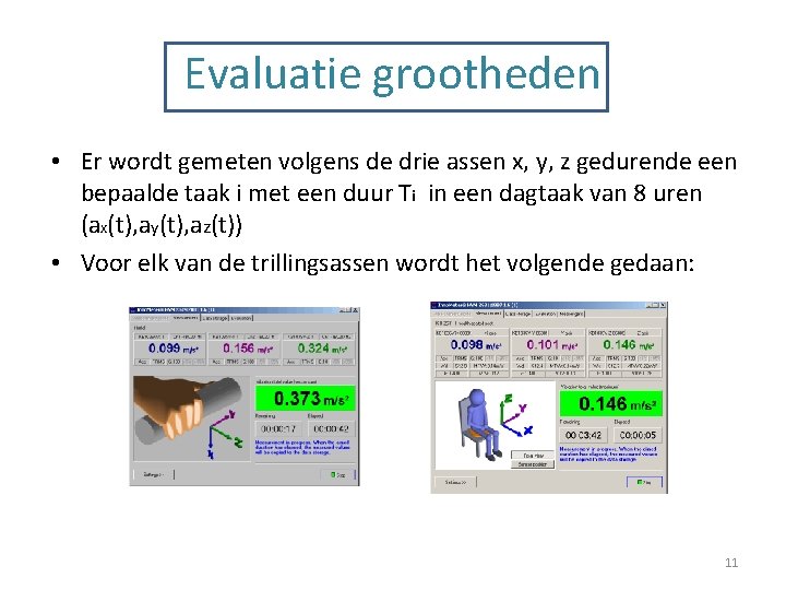 Evaluatie grootheden • Er wordt gemeten volgens de drie assen x, y, z gedurende