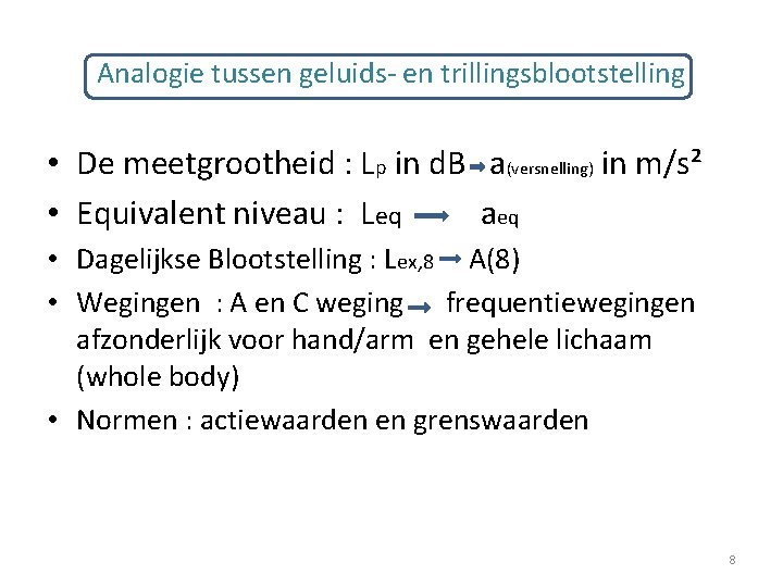 Analogie tussen geluids- en trillingsblootstelling • De meetgrootheid : Lp in d. B a(versnelling)