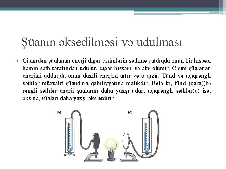 Şüanın əksedilməsi və udulması • Cisimdən şüalanan enerji digər cisimlərin səthinə çatdıqda onun bir