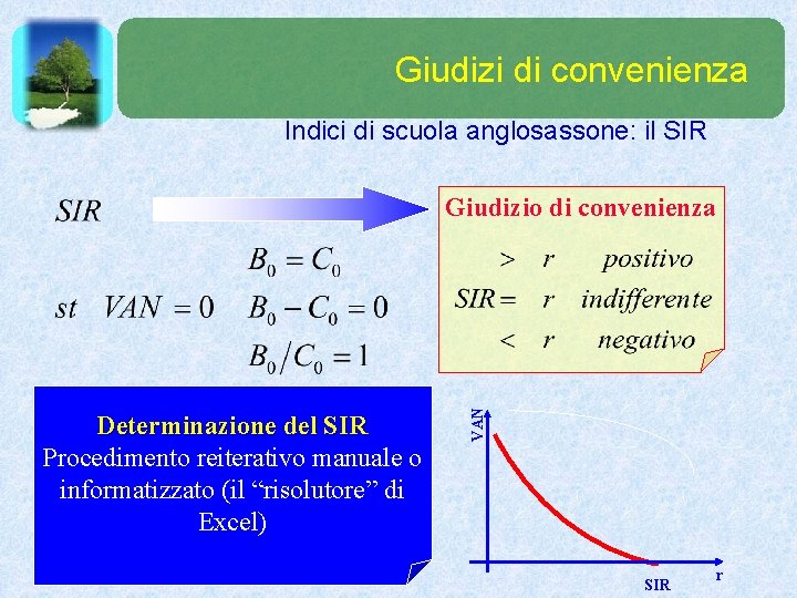 Giudizi di convenienza Indici di scuola anglosassone: il SIR Determinazione del SIR Procedimento reiterativo