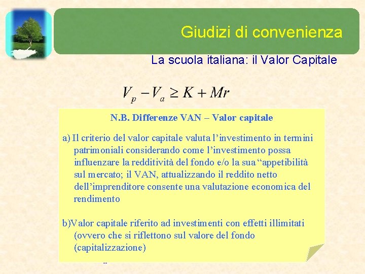 Giudizi di convenienza La scuola italiana: il Valor Capitale N. B. Differenze VAN –