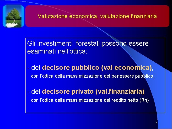 Valutazione economica, valutazione finanziaria Gli investimenti forestali possono essere esaminati nell’ottica: - del decisore