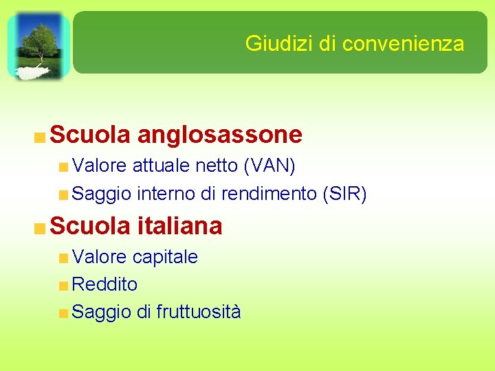 Giudizi di convenienza Scuola anglosassone Valore attuale netto (VAN) Saggio interno di rendimento (SIR)