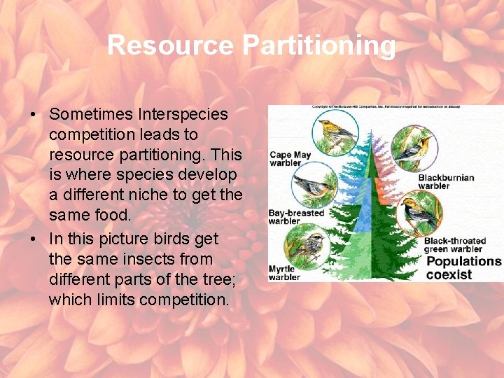 Resource Partitioning • Sometimes Interspecies competition leads to resource partitioning. This is where species