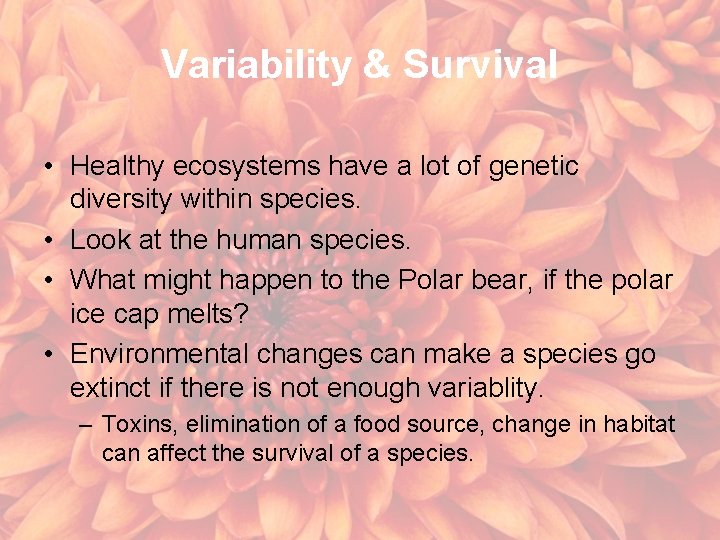 Variability & Survival • Healthy ecosystems have a lot of genetic diversity within species.