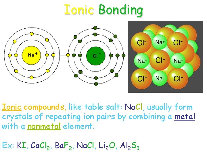 Ionic Bonding Ionic compounds, like table salt: Na. Cl, usually form crystals of repeating
