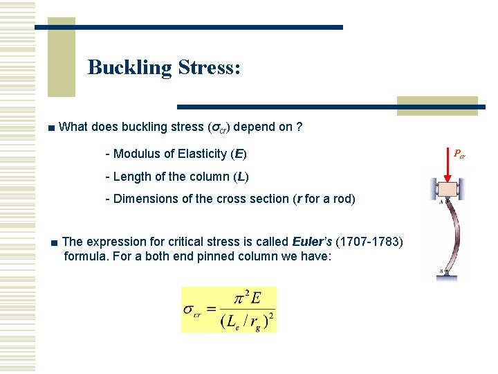 Buckling Stress: ■ What does buckling stress (σcr) depend on ? - Modulus of Buckling Stress: ■ What does buckling stress (σcr) depend on ? - Modulus of