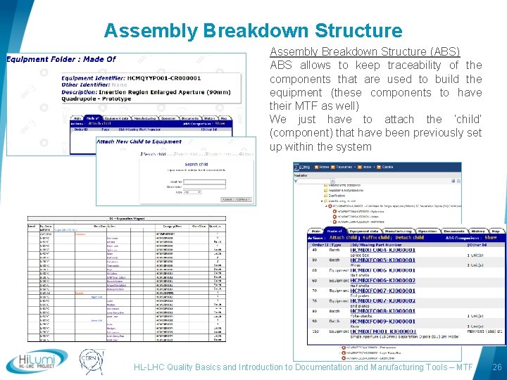 Assembly Breakdown Structure (ABS) ABS allows to keep traceability of the components that are