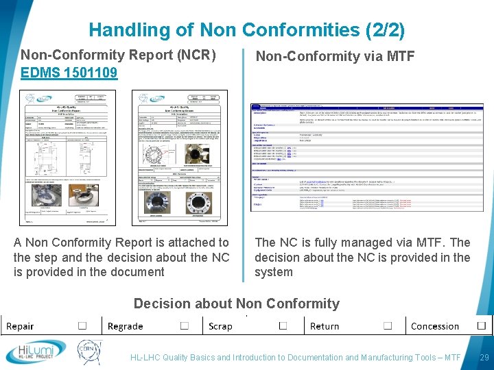 Handling of Non Conformities (2/2) Non-Conformity Report (NCR) EDMS 1501109 A Non Conformity Report