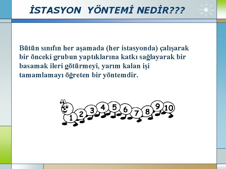 İSTASYON YÖNTEMİ NEDİR? ? ? Bütün sınıfın her aşamada (her istasyonda) çalışarak bir önceki