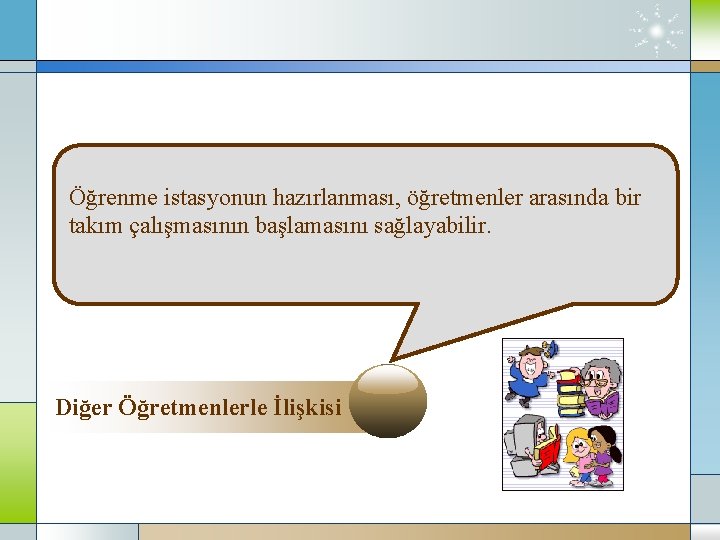 Öğrenme istasyonun hazırlanması, öğretmenler arasında bir takım çalışmasının başlamasını sağlayabilir. Diğer Öğretmenlerle İlişkisi 