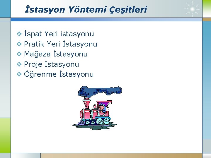 İstasyon Yöntemi Çeşitleri v İspat Yeri istasyonu v Pratik Yeri İstasyonu v Mağaza İstasyonu