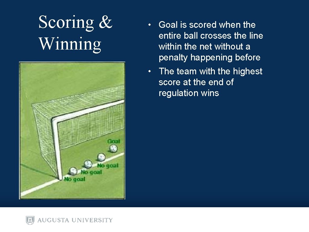 Scoring & Winning • Goal is scored when the entire ball crosses the line