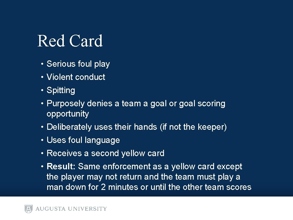 Red Card • Serious foul play • Violent conduct • Spitting • Purposely denies