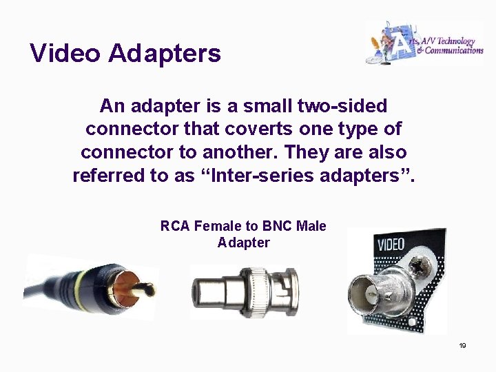 Video Adapters An adapter is a small two-sided connector that coverts one type of