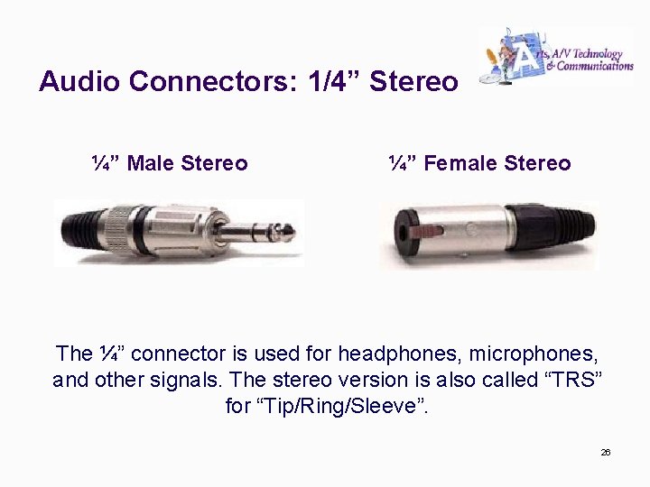 Audio Connectors: 1/4” Stereo ¼” Male Stereo ¼” Female Stereo The ¼” connector is