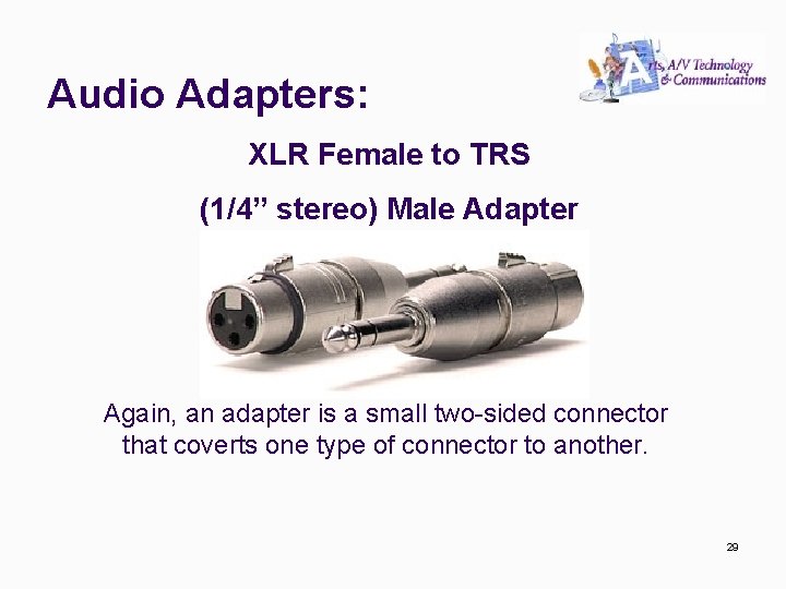 Audio Adapters: XLR Female to TRS (1/4” stereo) Male Adapter Again, an adapter is