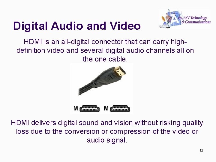 Digital Audio and Video HDMI is an all-digital connector that can carry highdefinition video