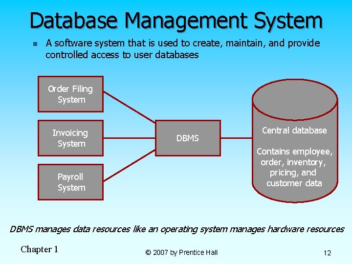 Database Management System n A software system that is used to create, maintain, and