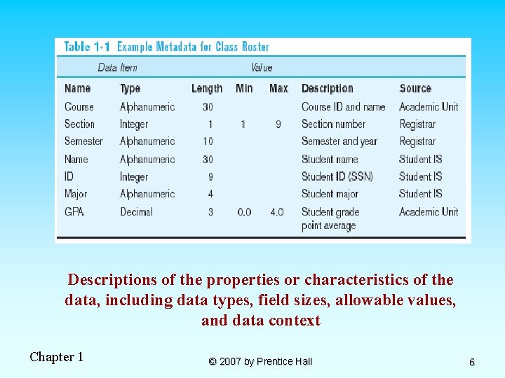 Descriptions of the properties or characteristics of the data, including data types, field sizes,