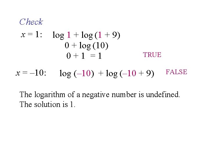 Check x = 1: x = – 10: log 1 + log (1 +