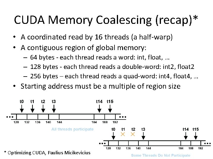 CUDA Memory Coalescing (recap)* • A coordinated read by 16 threads (a half-warp) •