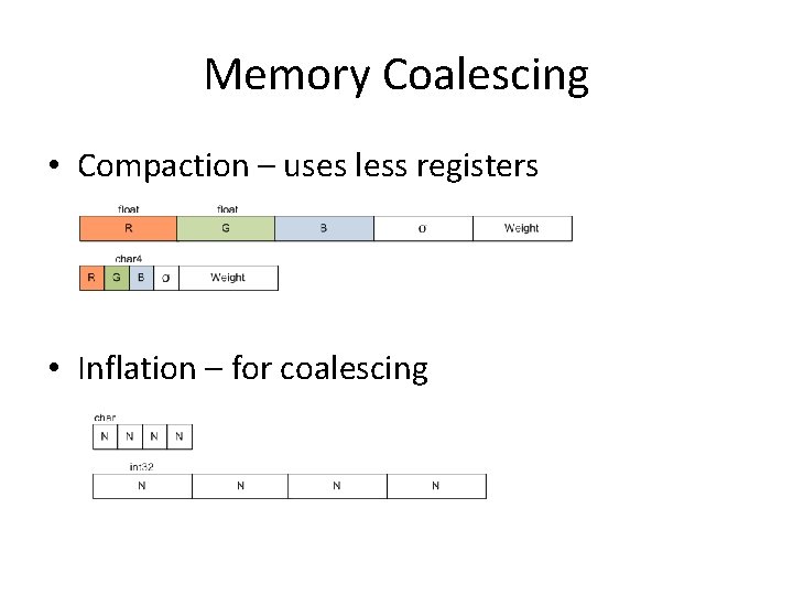 Memory Coalescing • Compaction – uses less registers • Inflation – for coalescing 