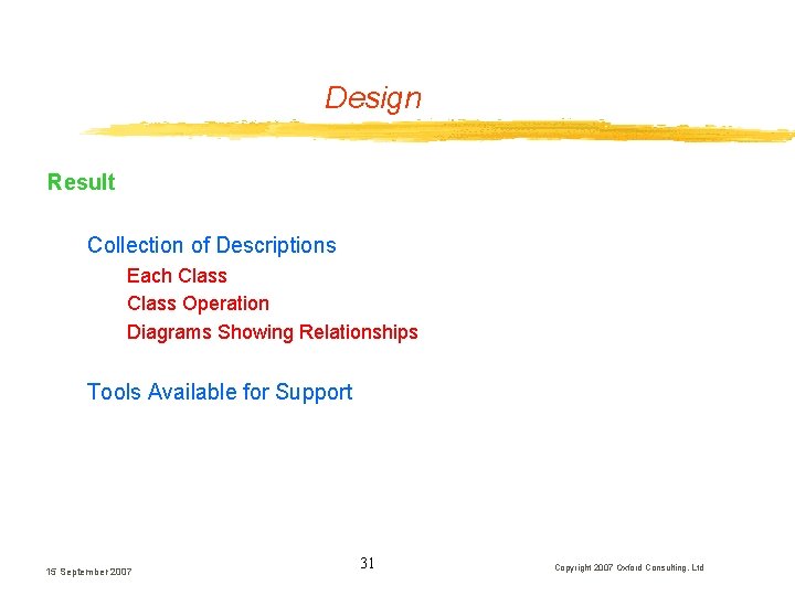 Design Result Collection of Descriptions Each Class Operation Diagrams Showing Relationships Tools Available for