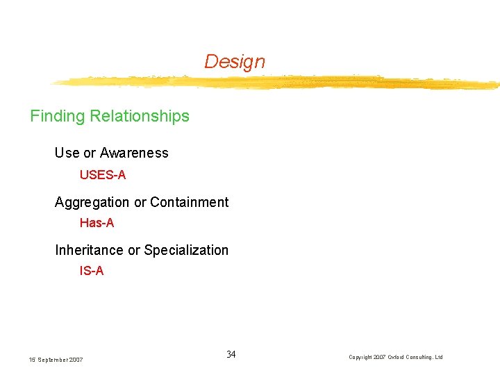 Design Finding Relationships Use or Awareness USES-A Aggregation or Containment Has-A Inheritance or Specialization