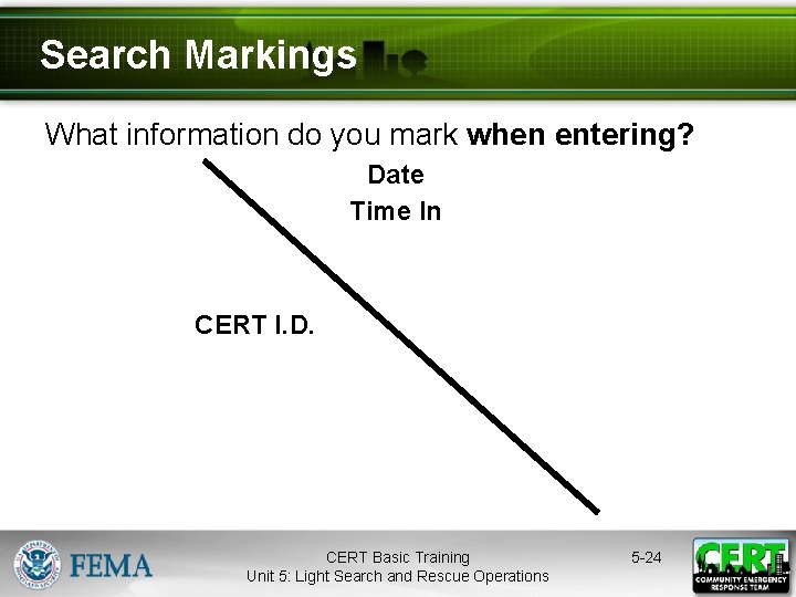 Search Markings What information do you mark when entering? Date Time In CERT I.