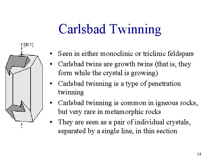 Carlsbad Twinning • Seen in either monoclinic or triclinic feldspars • Carlsbad twins are