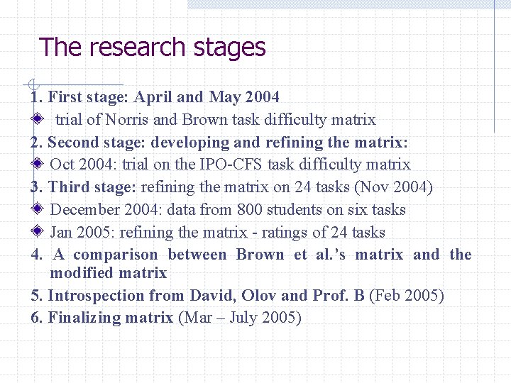 The research stages 1. First stage: April and May 2004 trial of Norris and