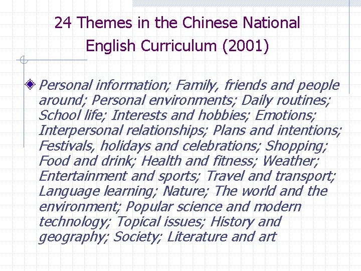 24 Themes in the Chinese National English Curriculum (2001) Personal information; Family, friends and