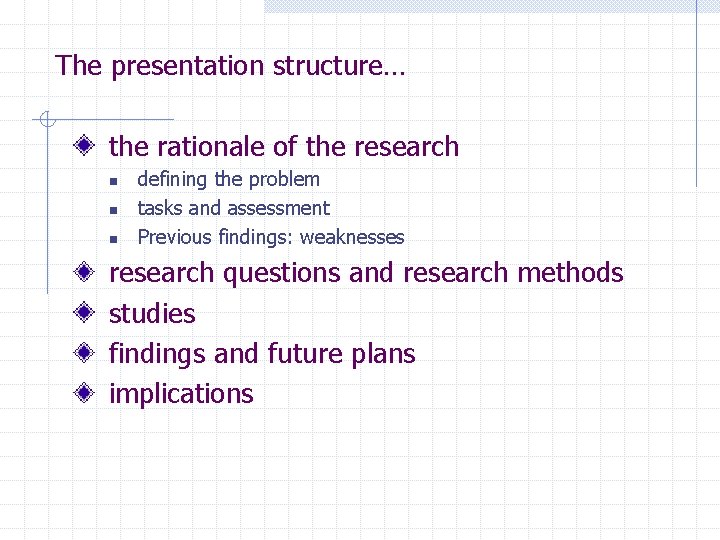 The presentation structure… the rationale of the research n n n defining the problem