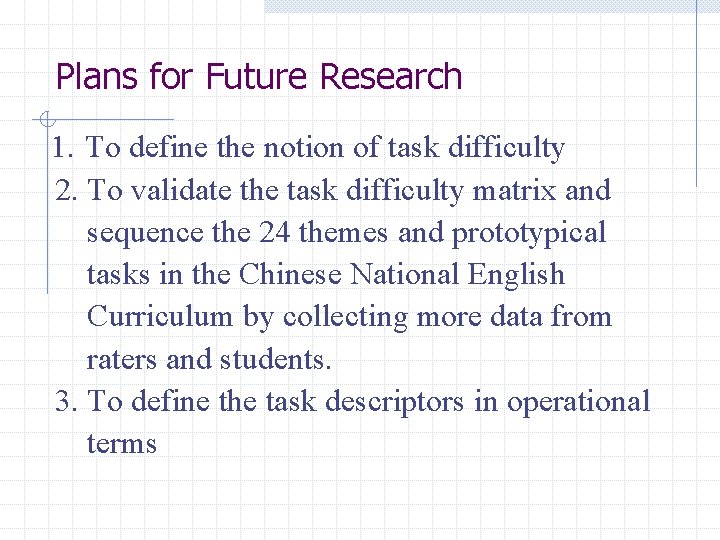 Plans for Future Research 1. To define the notion of task difficulty 2. To