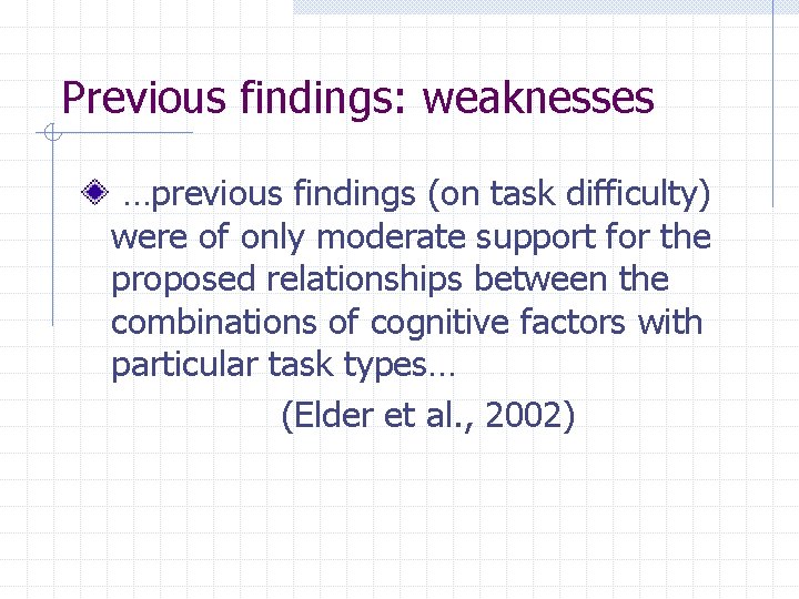 Previous findings: weaknesses …previous findings (on task difficulty) were of only moderate support for