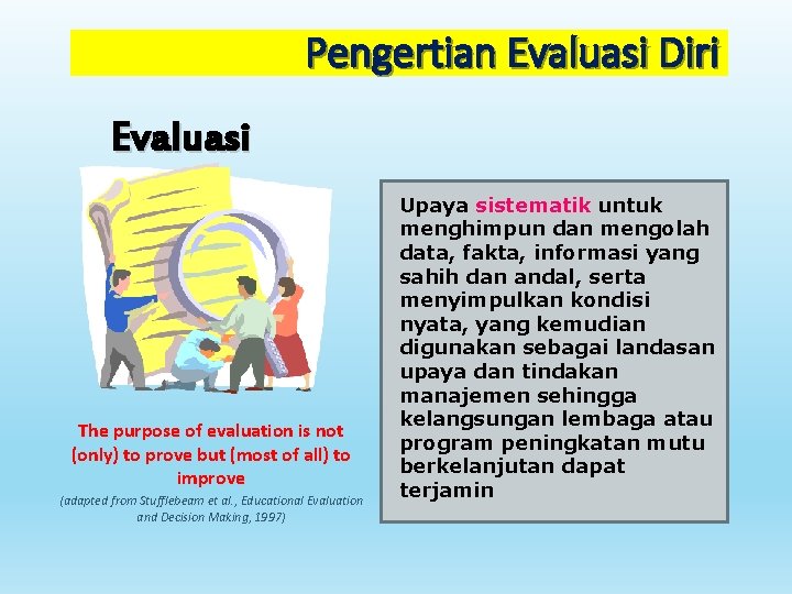 Pengertian Evaluasi Diri ? The purpose of evaluation is not (only) to prove but