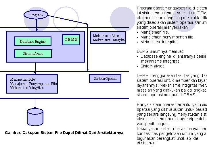 Program Database Engine DBMS Mekanisme Akses Mekanisme Integritas DBMS umumnya memuat: • Database engine,