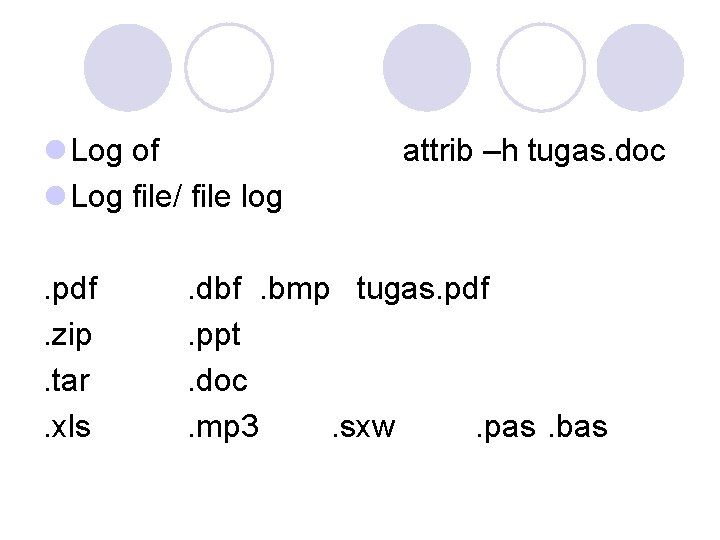 l Log of l Log file/ file log. pdf. zip. tar. xls attrib –h