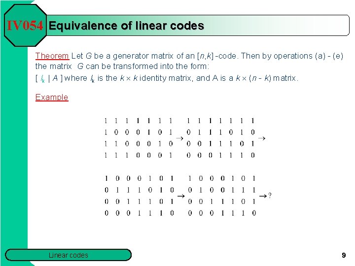 IV 054 Equivalence of linear codes Theorem Let G be a generator matrix of