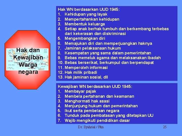 Hak dan Kewajiban Warga negara Hak WN berdasarkan UUD 1945: 1. Kehidupan yang layak