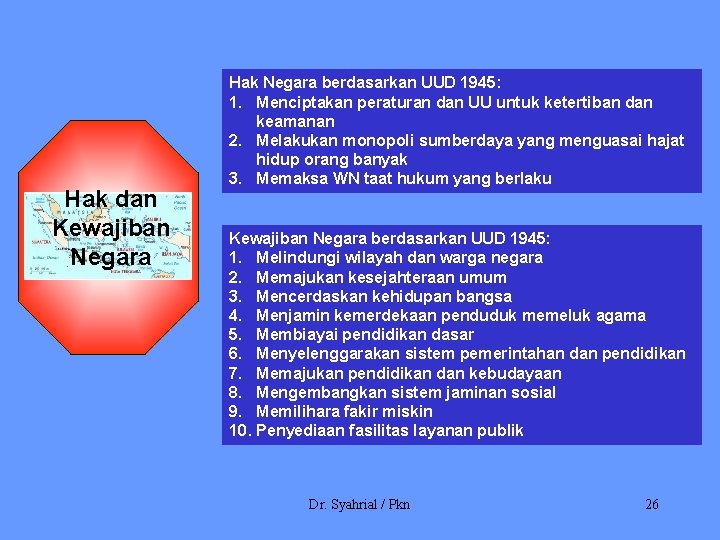 Hak dan Kewajiban Negara Hak Negara berdasarkan UUD 1945: 1. Menciptakan peraturan dan UU